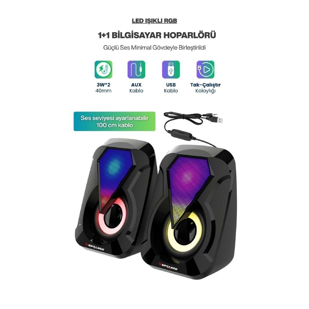 Sprange SR-PN785 2.0 3W*2 USB + 3.5mm 5V PC Speaker Hoparlör Siyah