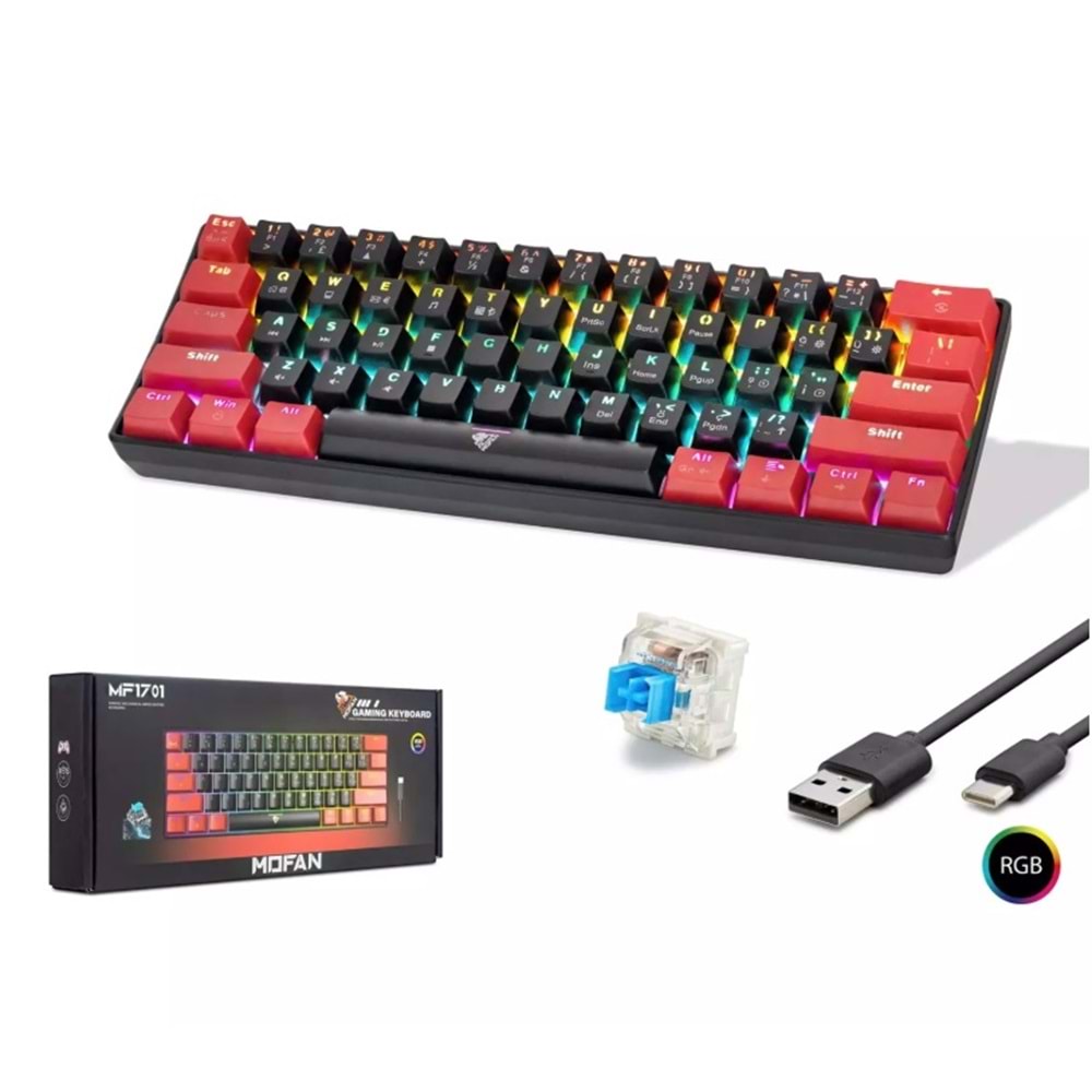 MOFAN MF1701BR Gaming Mekanik RGB Klavye Blue Switch - Siyah Kırmızı