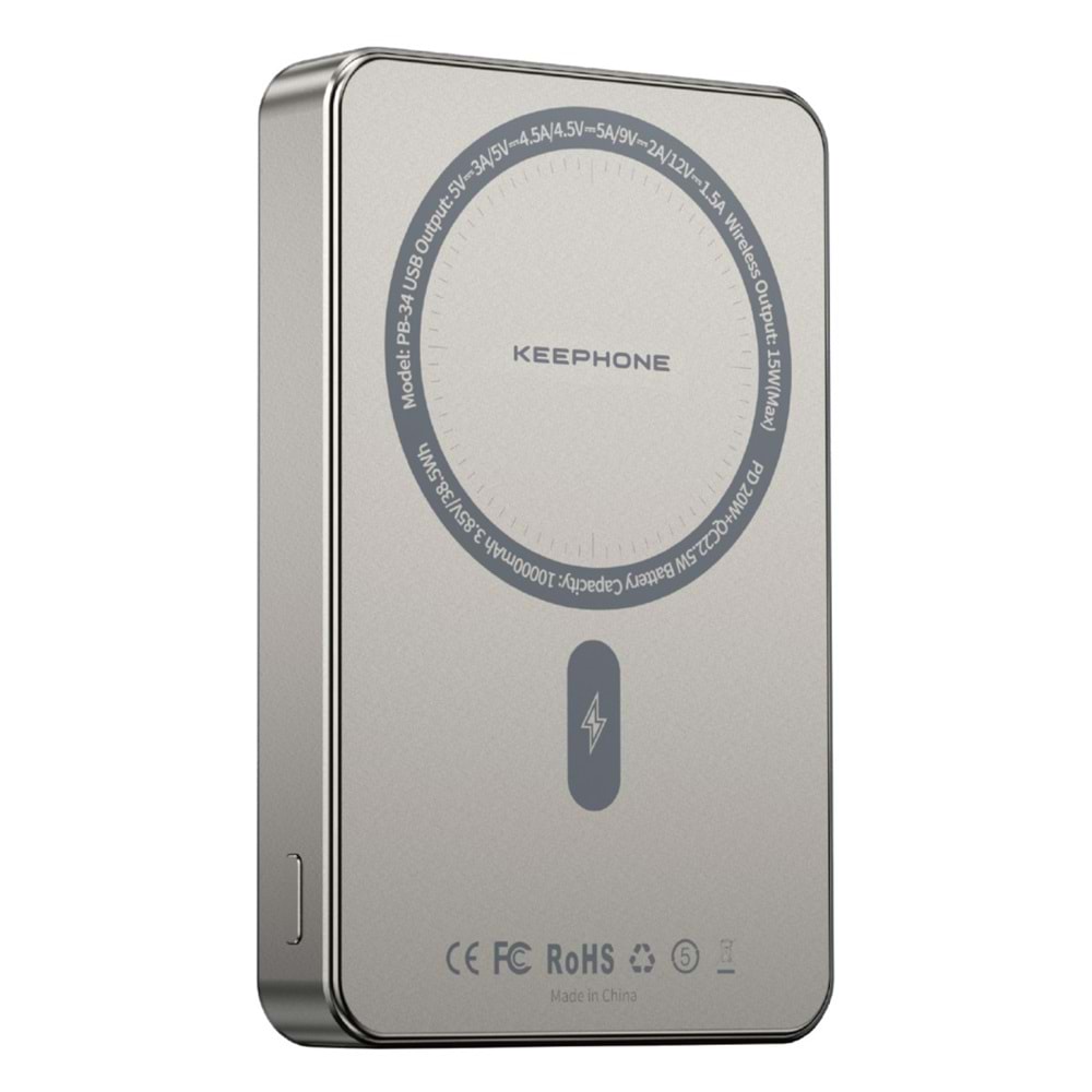 Keephone PB34 Lucci 10.000 mAh 20W Type-C 22.5W USB QC 15W Kablosuz Şarj PD Magsafe Powerbank - Koyu Gri