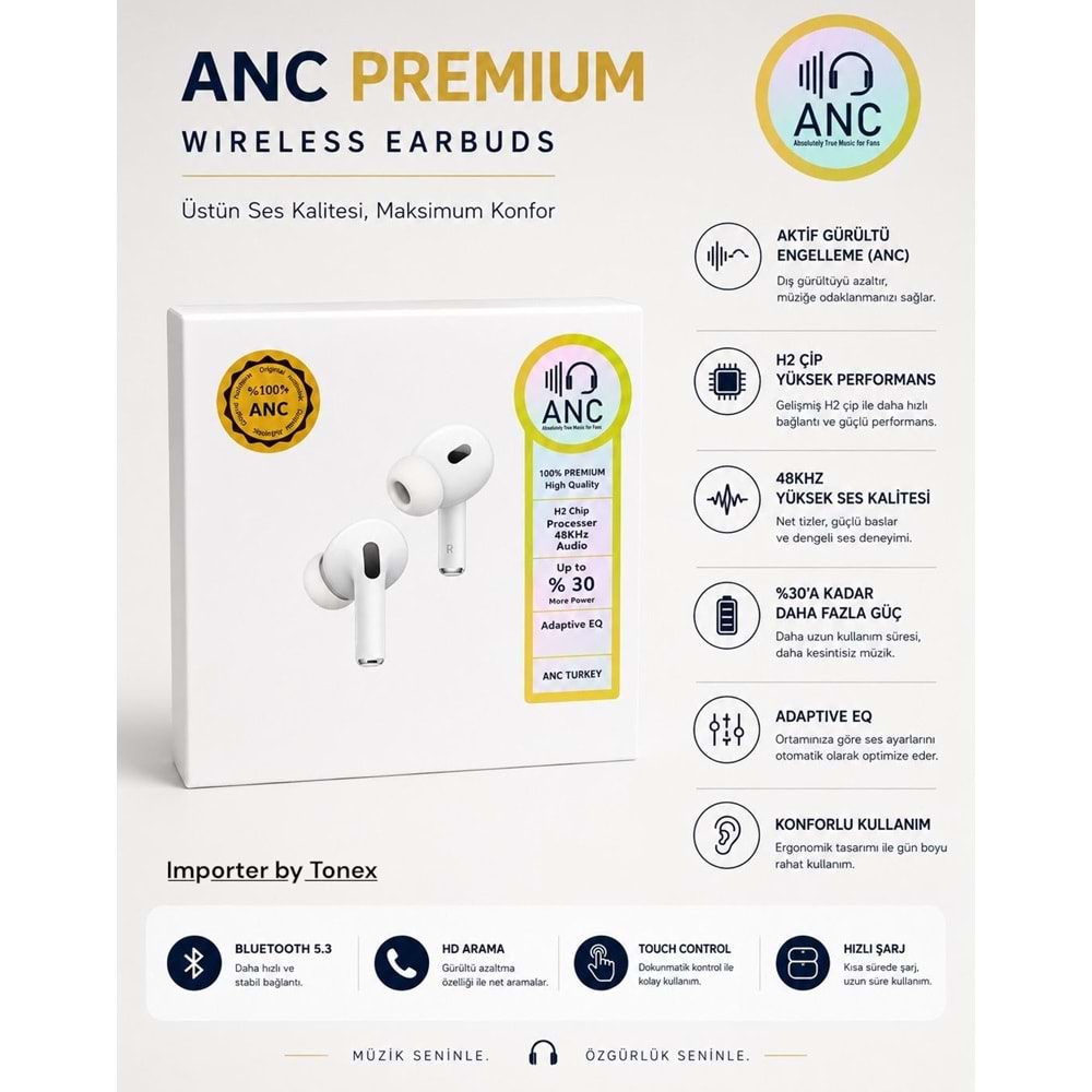 Tonex ANC Pro 2 Kablosuz Bluetooth Kulaklık - Beyaz