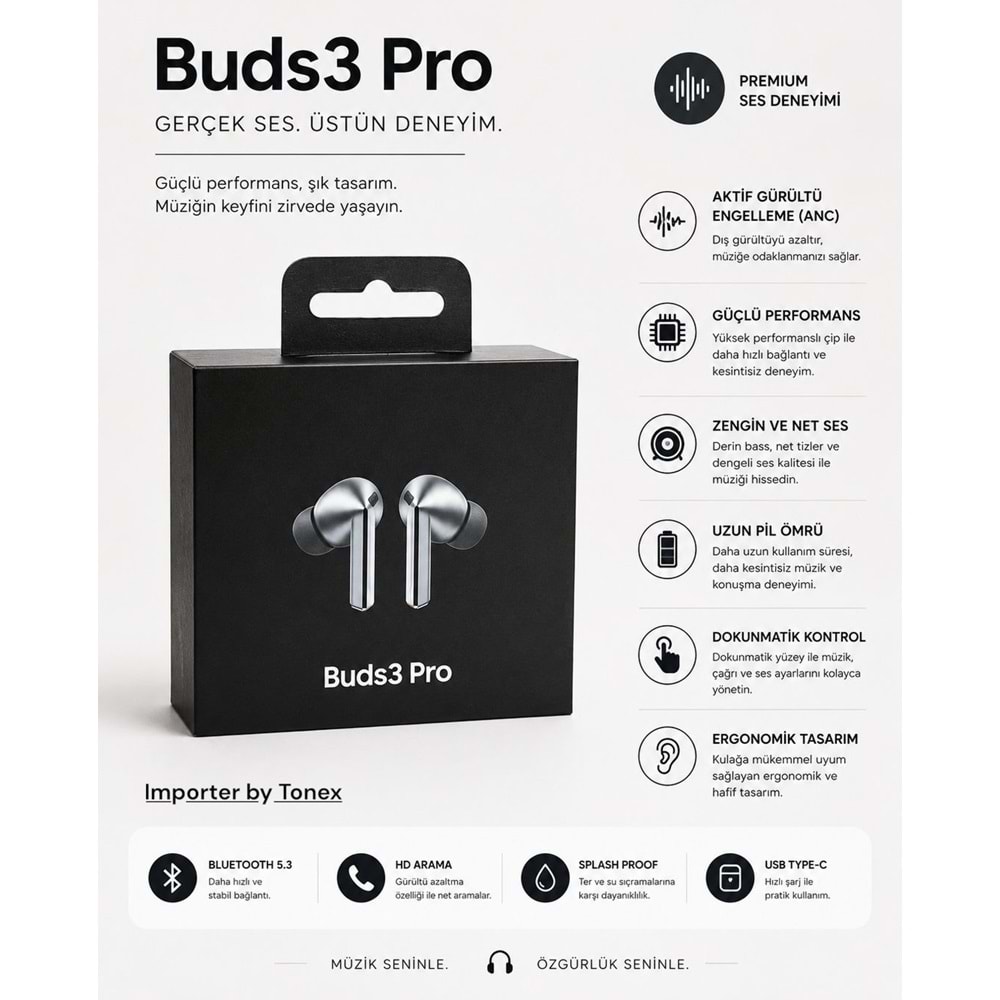 Tonex ANC Buds Pro 3 Kablosuz Bluetooth Kulaklık - Siyah