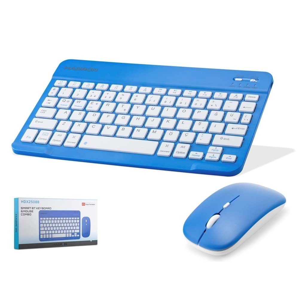 HADRON HDX2508B Kablosuz Bluetooth Smart Klavye Mouse Seti Şarjlı 1600 DPI Mavi